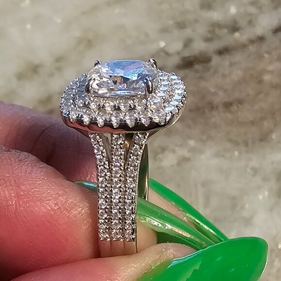 Stunning Double Halo Three Shank Cushion Cut Sterling Silver Engagement Ring × 1 - Picture 2 of 6